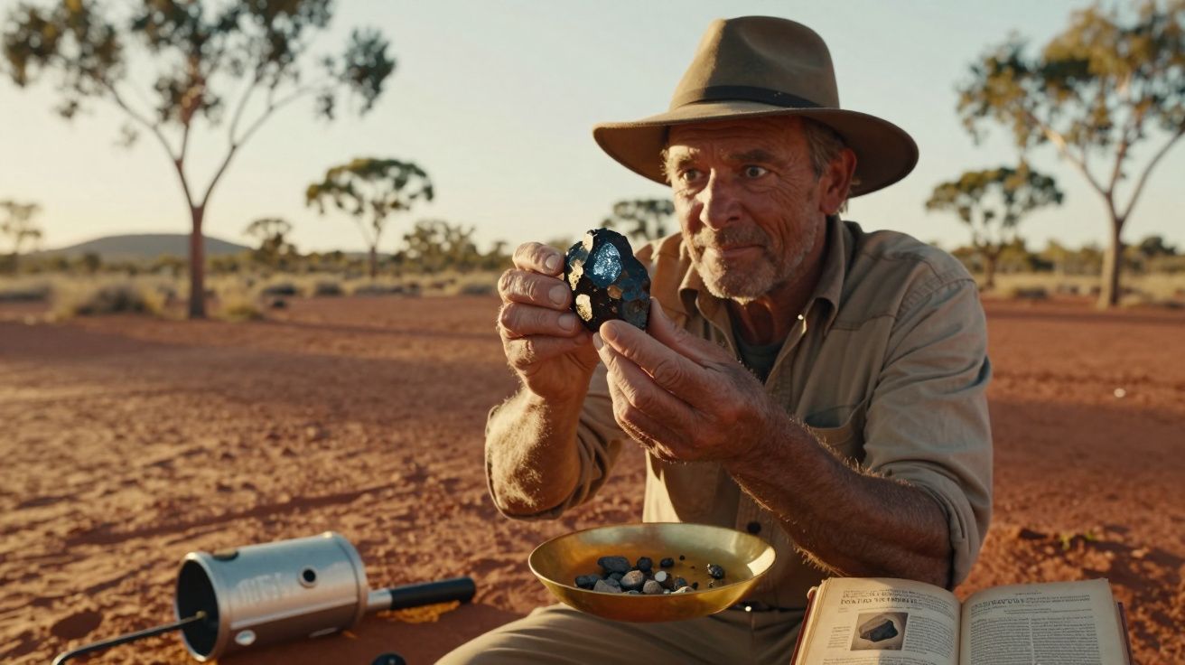 Homem com chapéu analisa pedra negra enquanto minera em área árida com livro aberto ao lado.