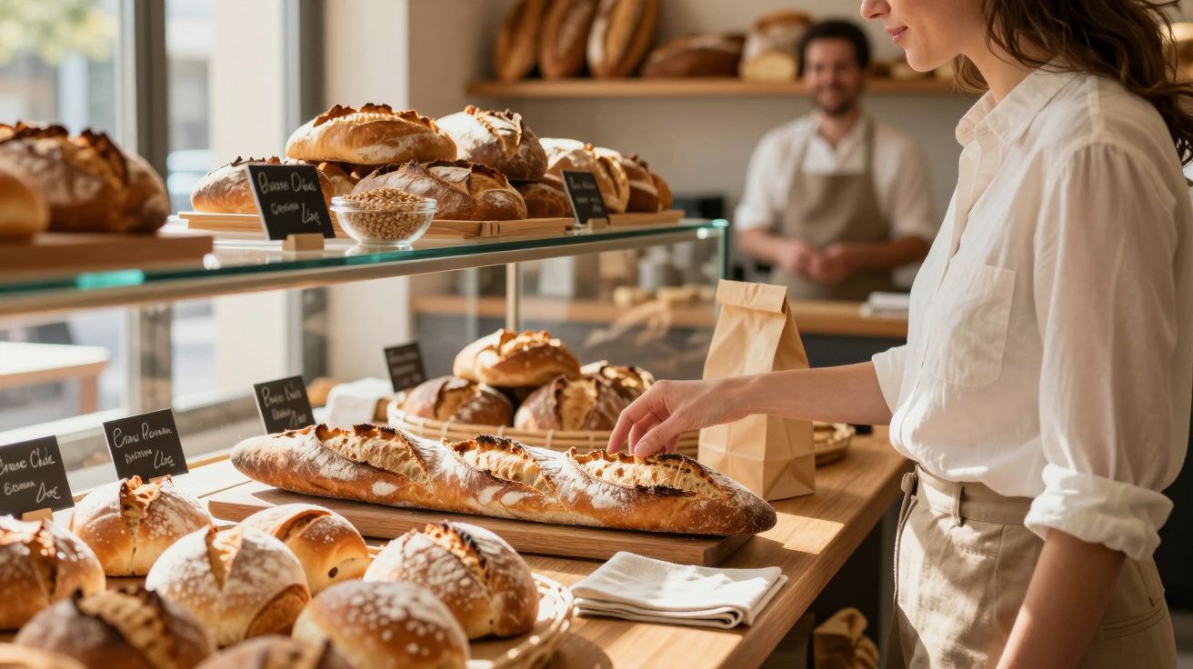 Mulher pega pão em vitrine de padaria com diversas variedades de pães frescos expostos.
