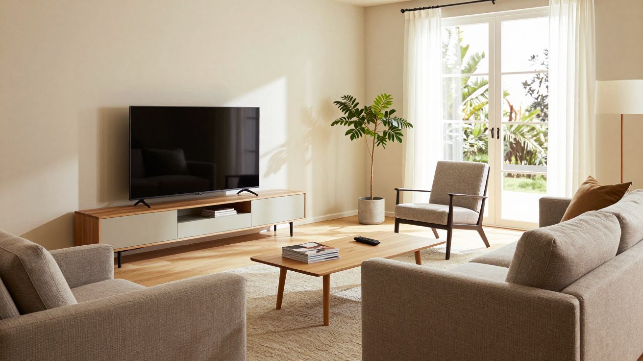 Sala de estar clara com sofá cinza, poltrona, mesa de centro de madeira, TV e porta janela para o jardim.