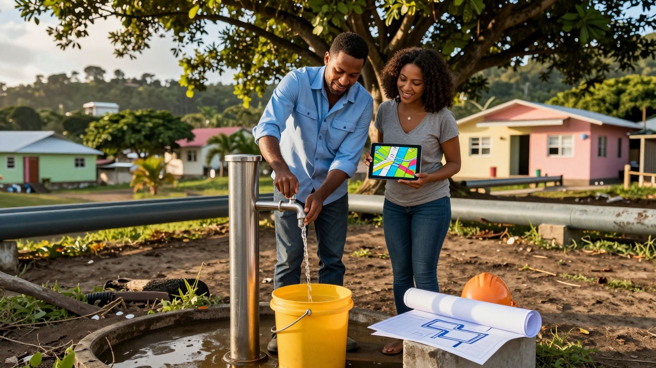 Homem enche balde com água em bomba manual enquanto mulher mostra mapa digital em tablet ao ar livre.