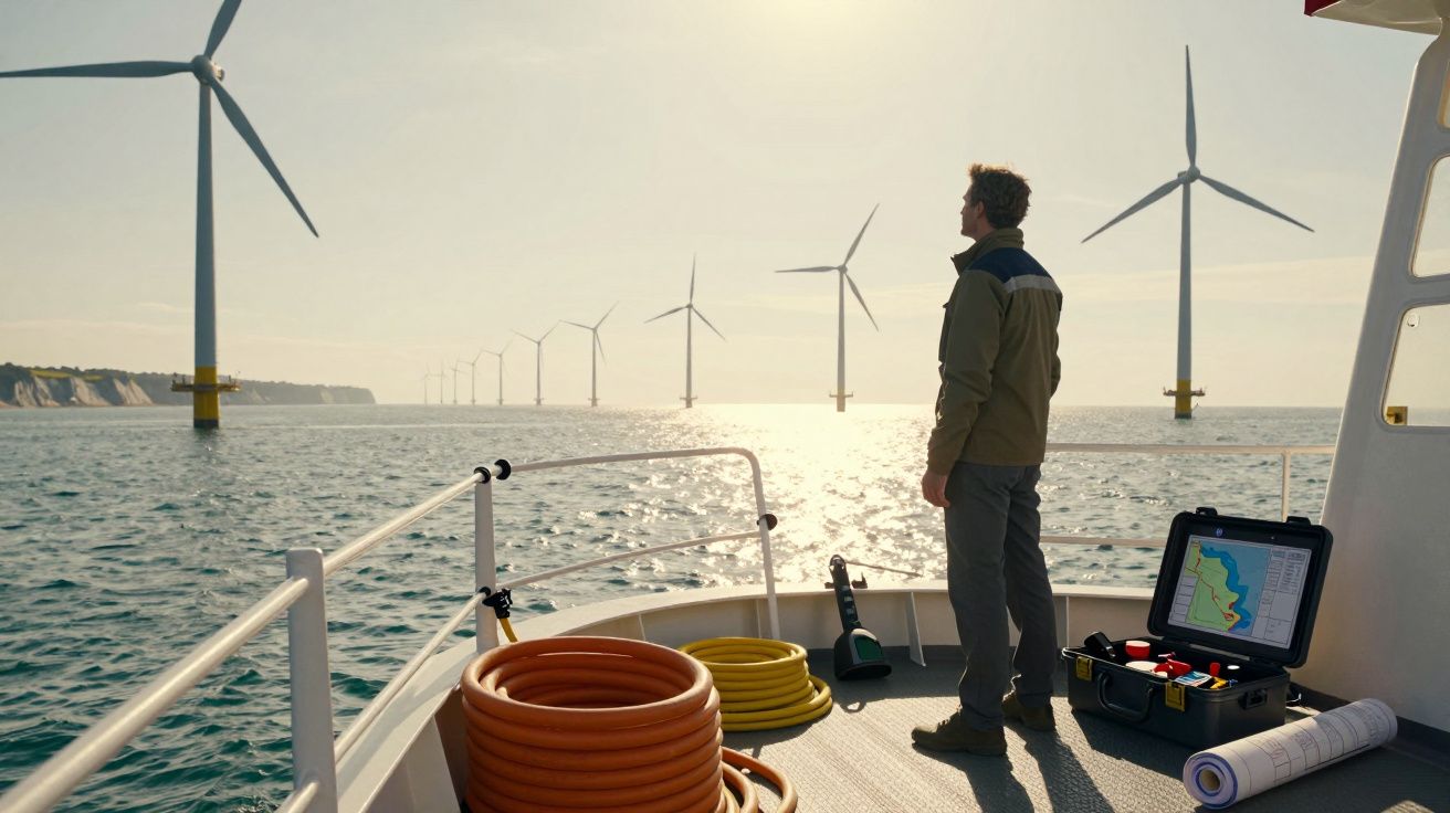 Homem em barco observando parque eólico marítimo com turbinas ao pôr do sol.