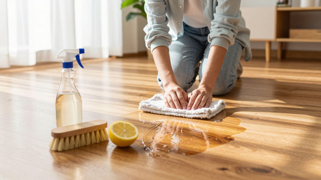 Pessoa limpando piso de madeira com pano, spray, escova e limão espremido ao lado.