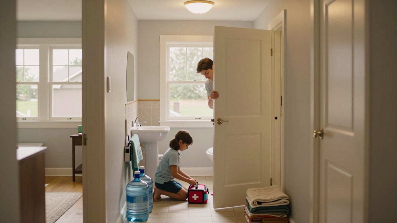 Criança sentada no banheiro mexendo em um kit de primeiros socorros enquanto um adulto observa pela porta.