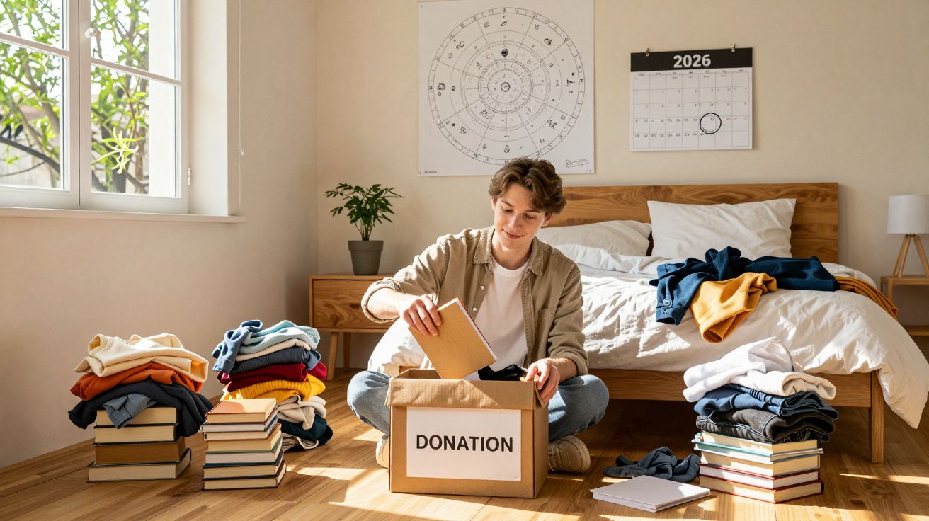 Jovem organizando roupas e livros em caixa de doação no quarto iluminado por janela.