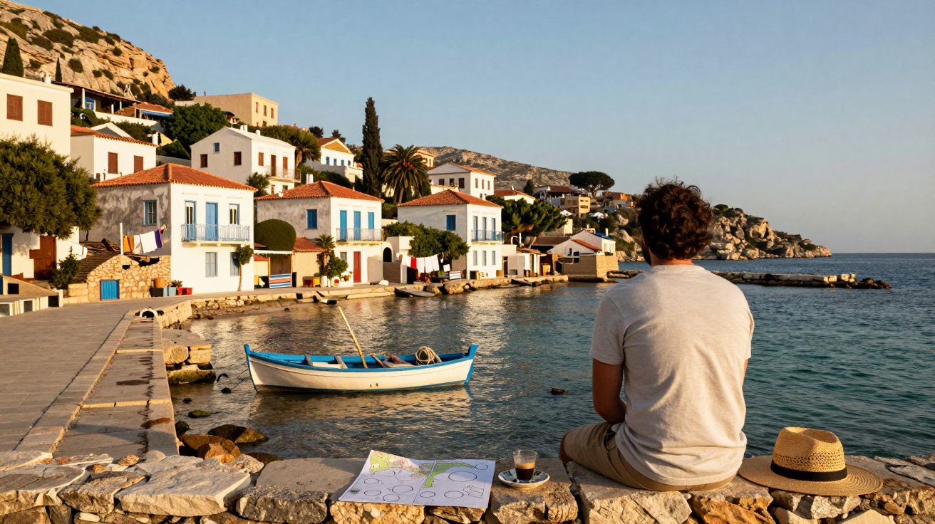 Homem sentado de costas olhando para barco e casas brancas à beira-mar em vila costeira ensolarada.
