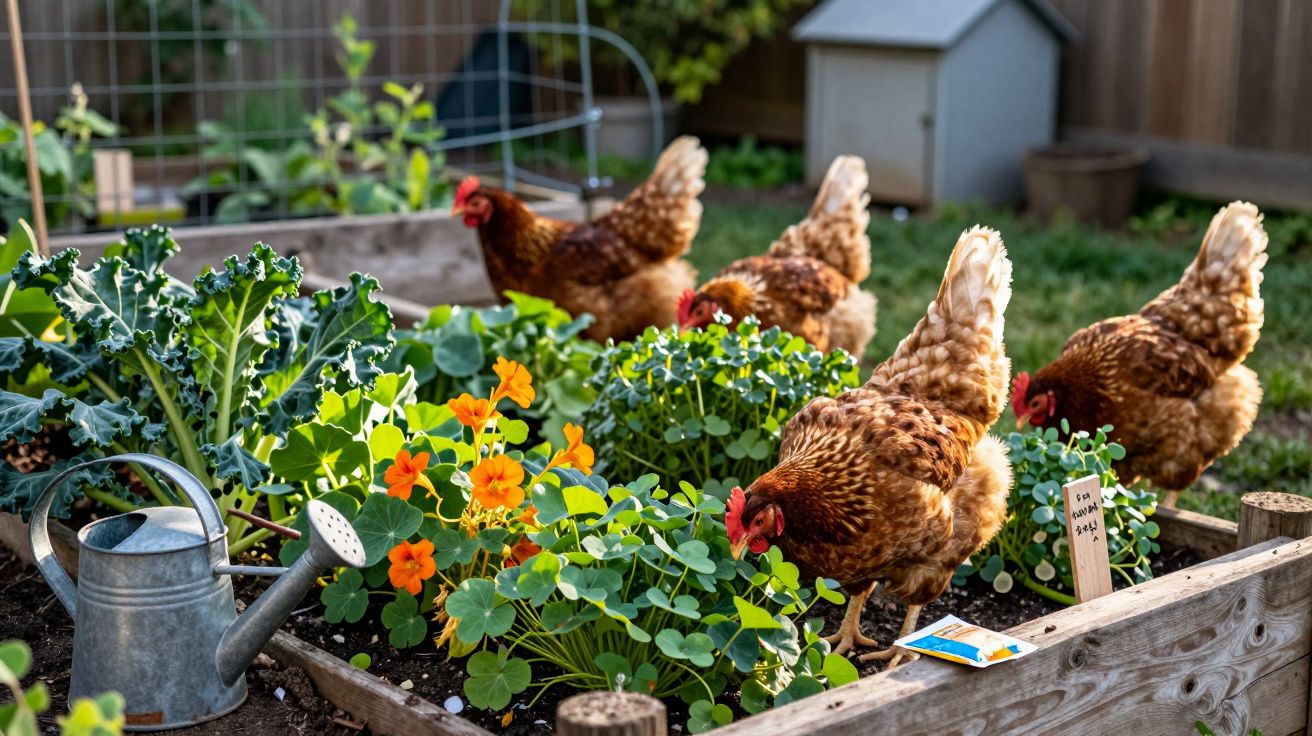 Galinha explorando canteiro com flores e vegetais em jardim cercado por cerca.
