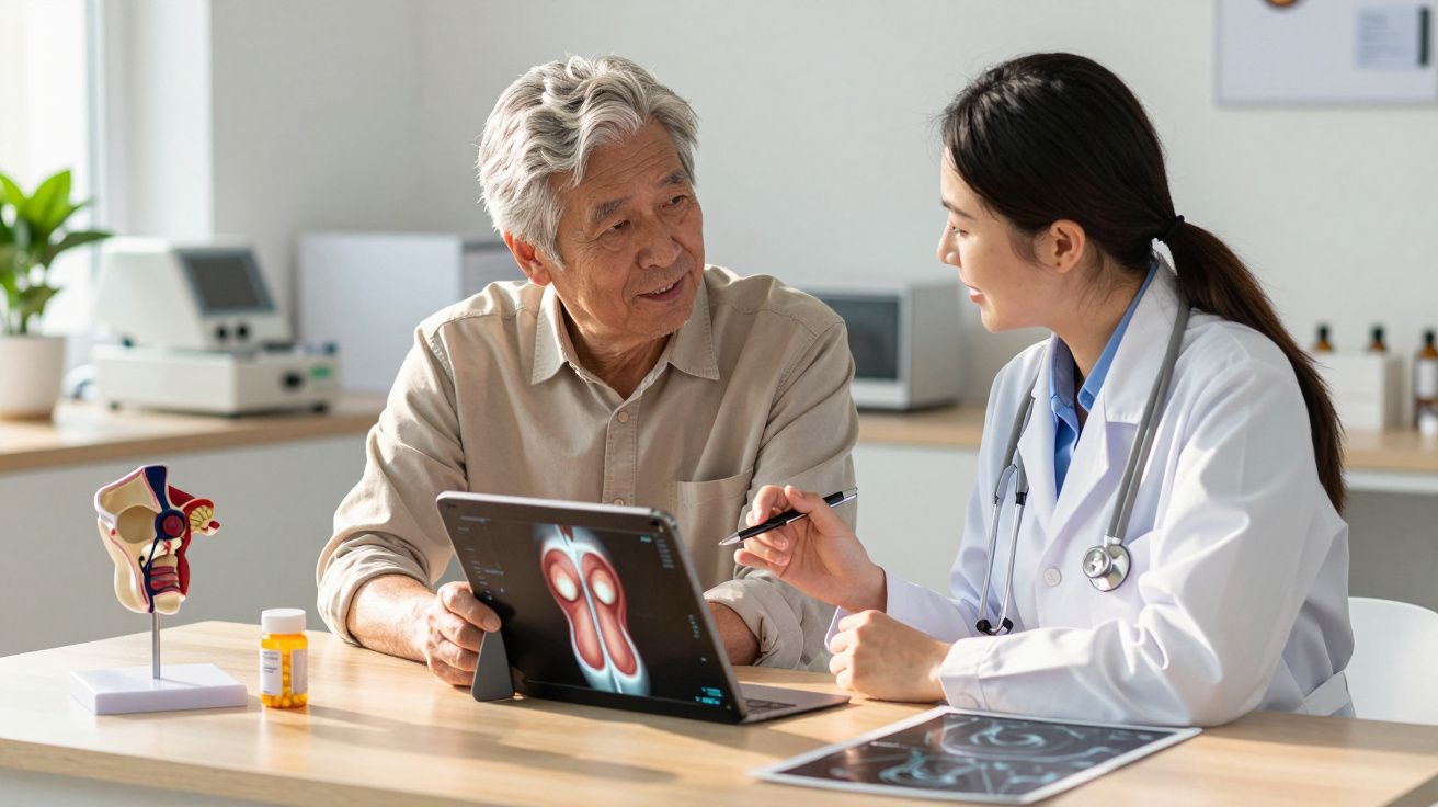 Médica consulta paciente idoso mostrando exame de rins em tablet em consultório moderno.