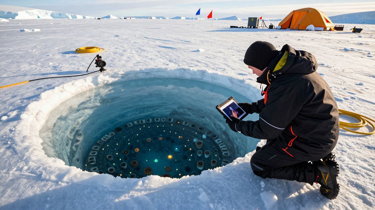 Pesquisador em roupa de frio observa tela perto de buraco grande no gelo com equipamento científico ao redor.