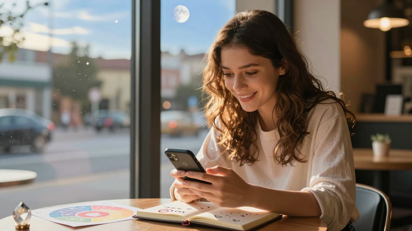 Mulher sorrindo usando celular em mesa com caderno aberto, janela para rua ao fundo no entardecer.