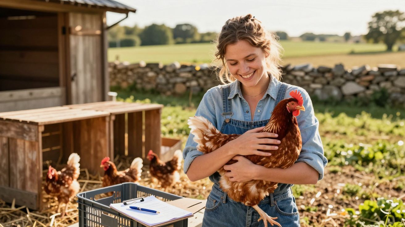 Jovem segurando uma galinha no galinheiro ao ar livre com outras galinhas e uma caixa de coleta.