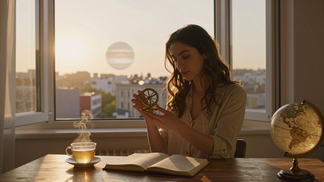 Mulher sentada à mesa com livro aberto, segurando um astrolábio, com xícara de chá e globo ao lado.