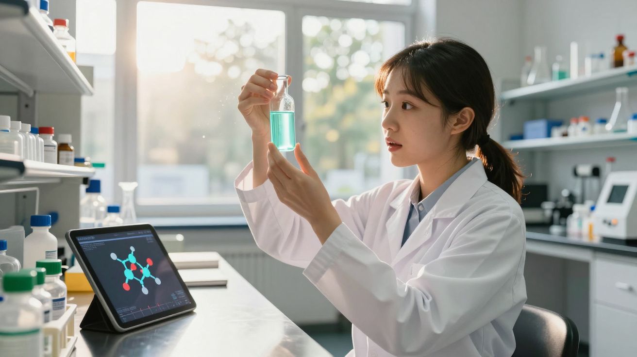 Mulher cientista analisando líquido azul em frasco no laboratório com tablet exibindo fórmula química.