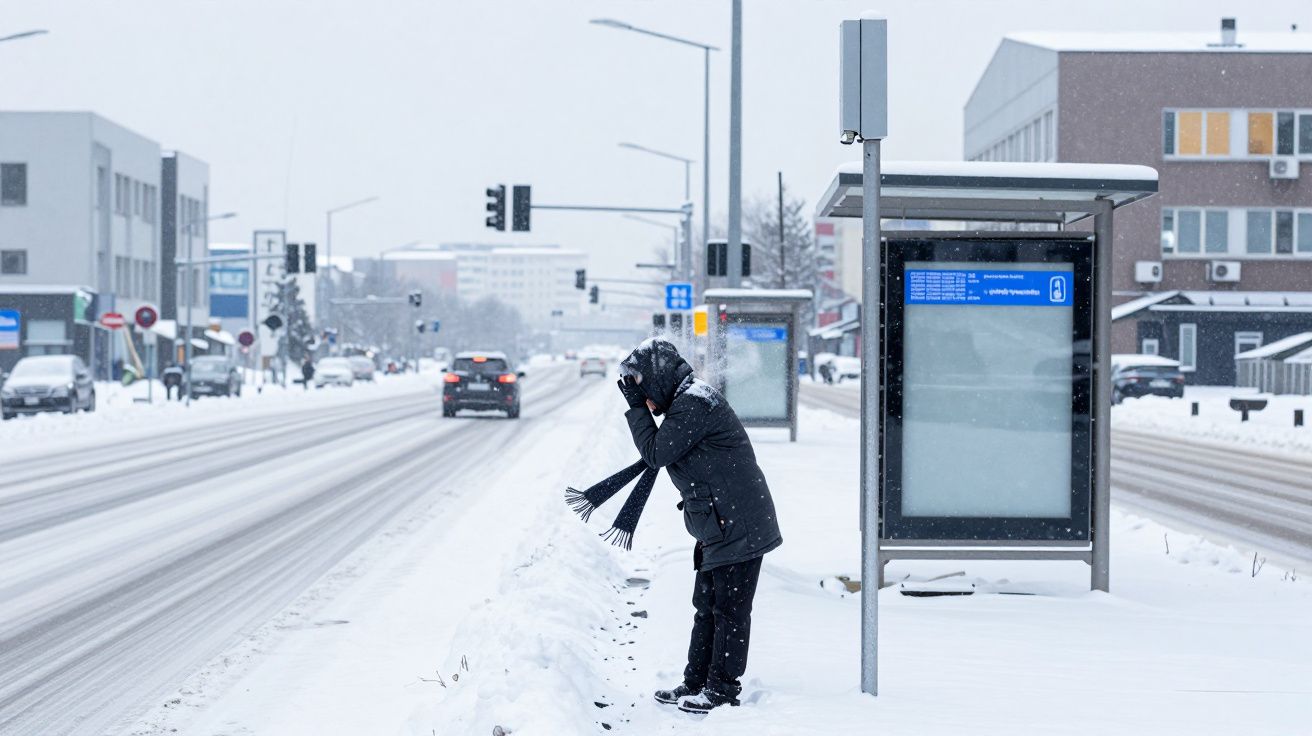 Pessoa com roupas de inverno esperando neve na parada de ônibus em rua coberta de neve durante dia nublado.