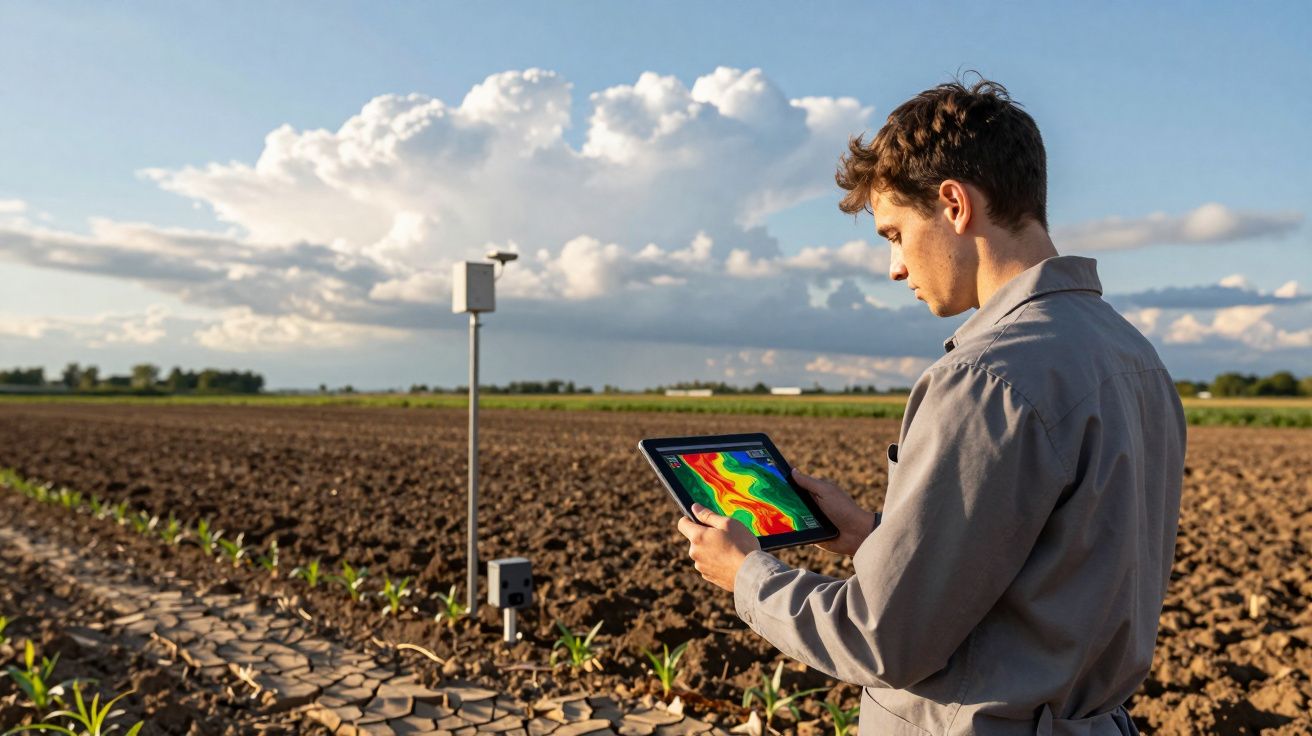 Homem usando tablet com mapa térmico em plantação durante o dia, com céu azul e nuvens ao fundo.