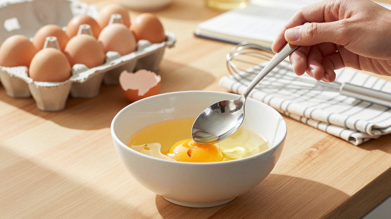Pessoa mexendo ovo cru em tigela branca com colher, ovos em bandeja e notebook ao fundo.