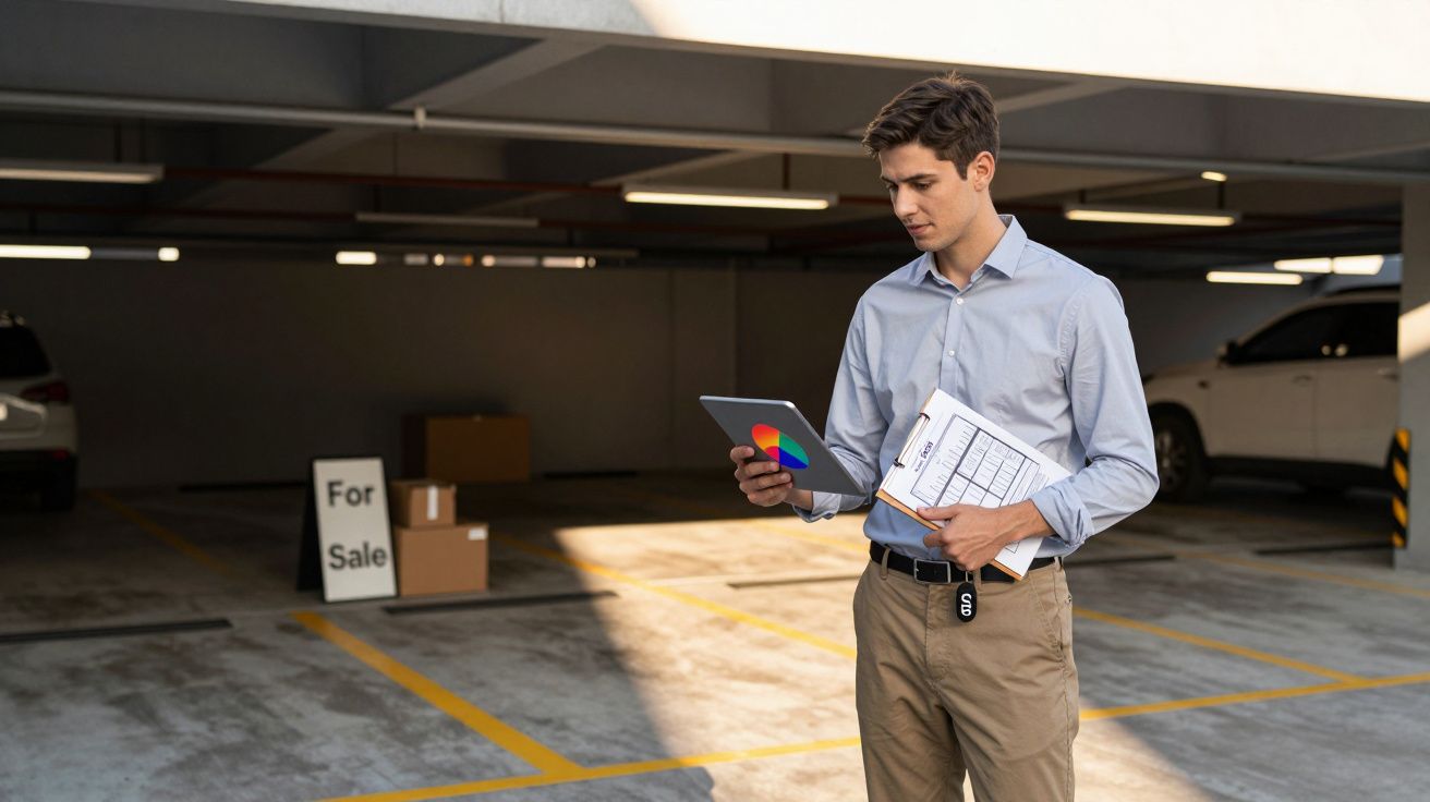 Homem jovem em garagem segura tablet e prancheta, com placa de "For Sale" e caixas ao fundo.