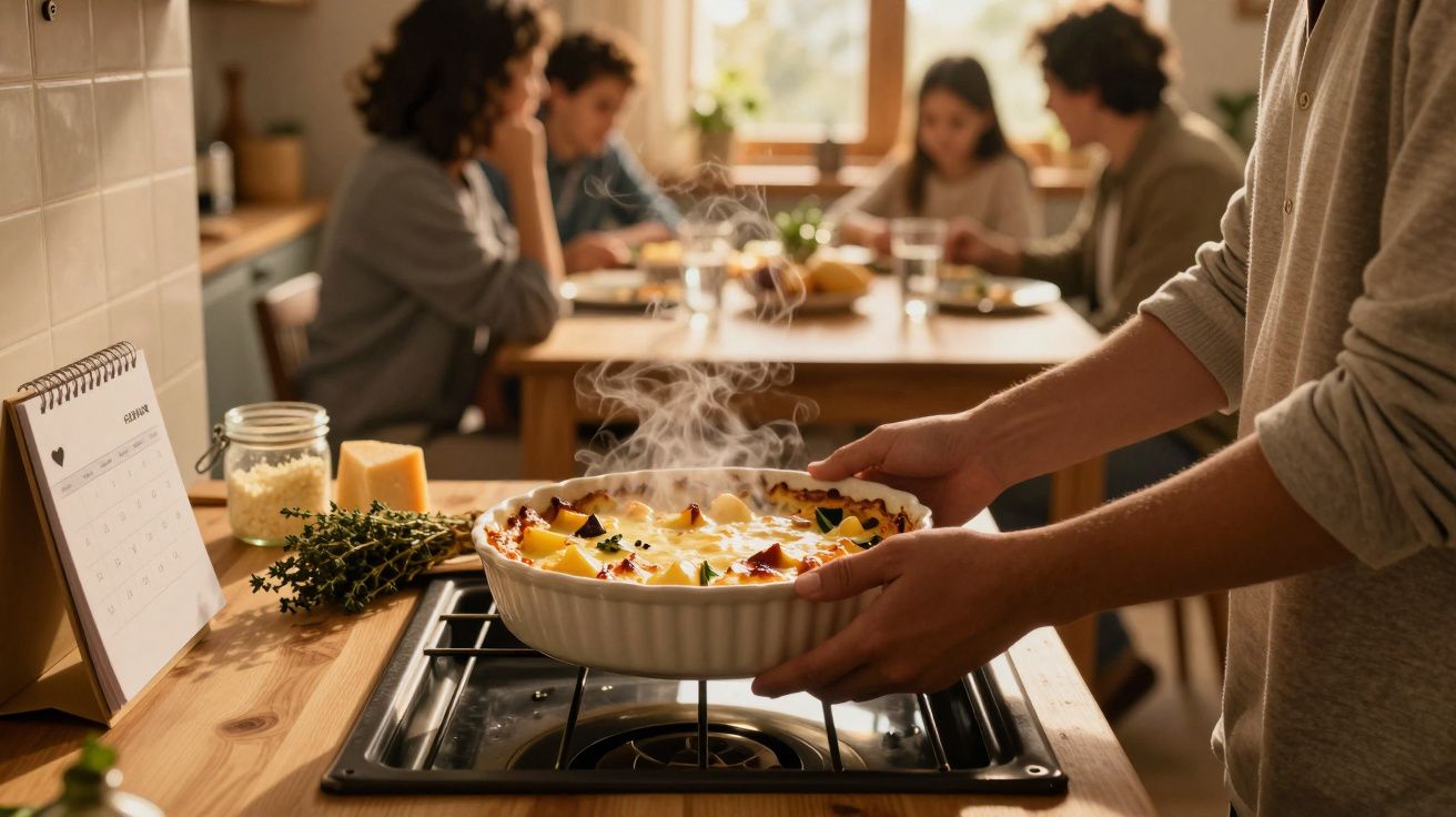 Pessoa segurando travessa com prato quente saindo fumaça em cozinha, família reunida ao fundo na mesa.