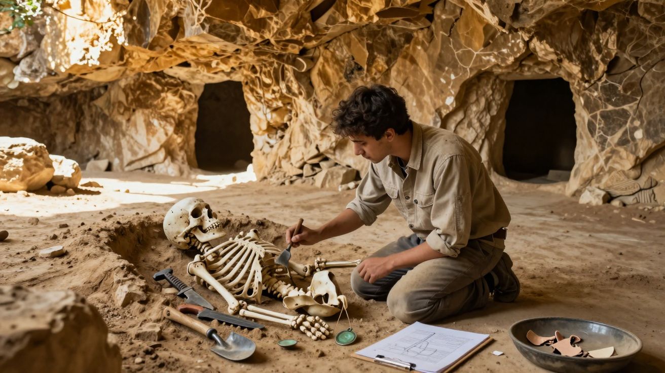 Arqueólogo jovem examina esqueleto humano em sítio arqueológico dentro de uma caverna.