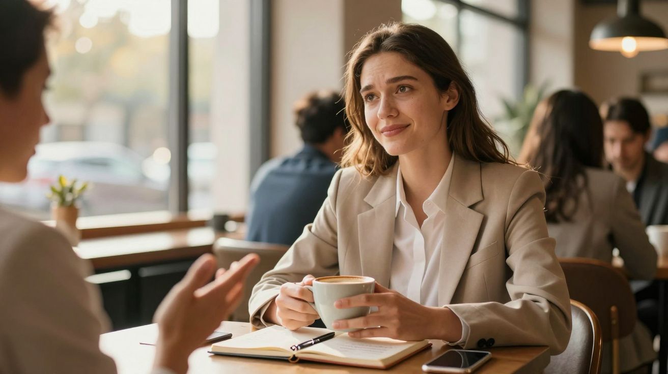 Mulher segurando xícara de café e conversando com pessoa em café, com caderno e celular na mesa.