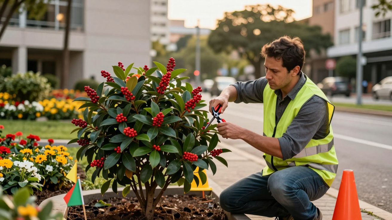 Homem com colete refletivo podando arbusto com frutos vermelhos em canteiro urbano.