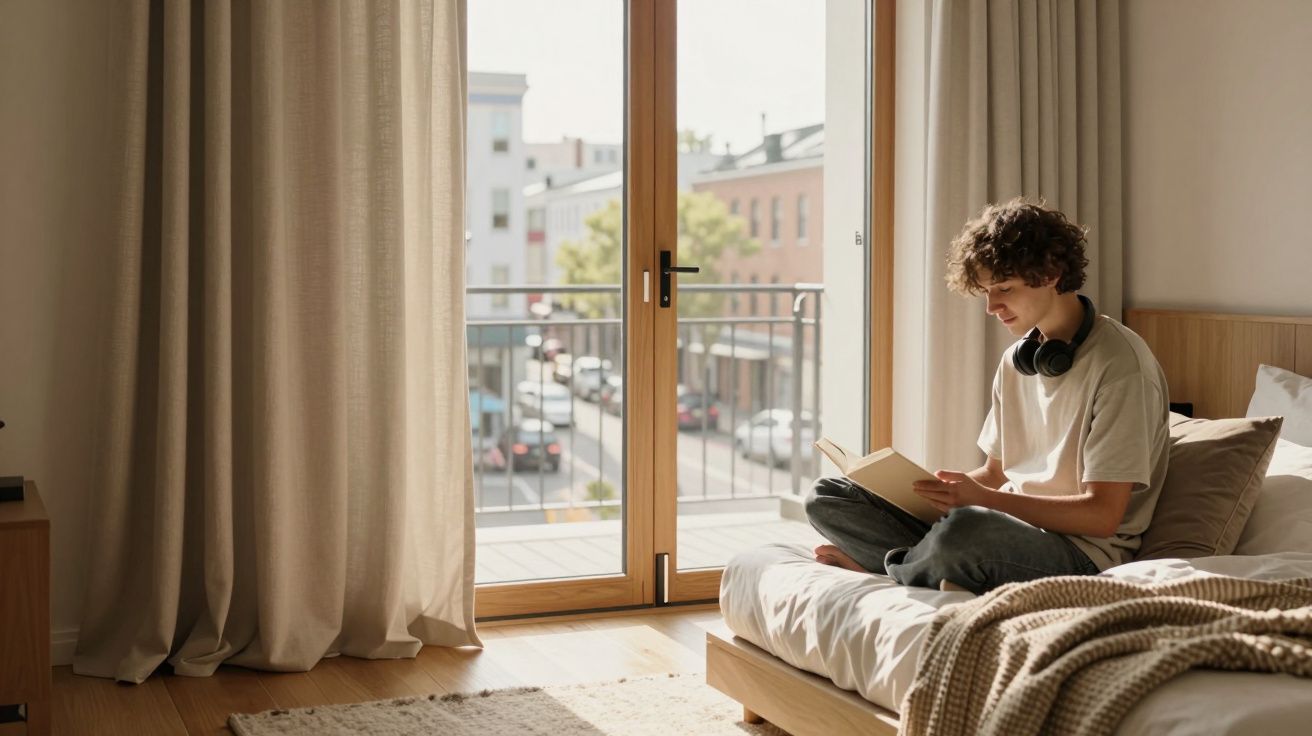 Jovem sentado na cama lendo livro em quarto iluminado pela luz natural da janela de vidro.