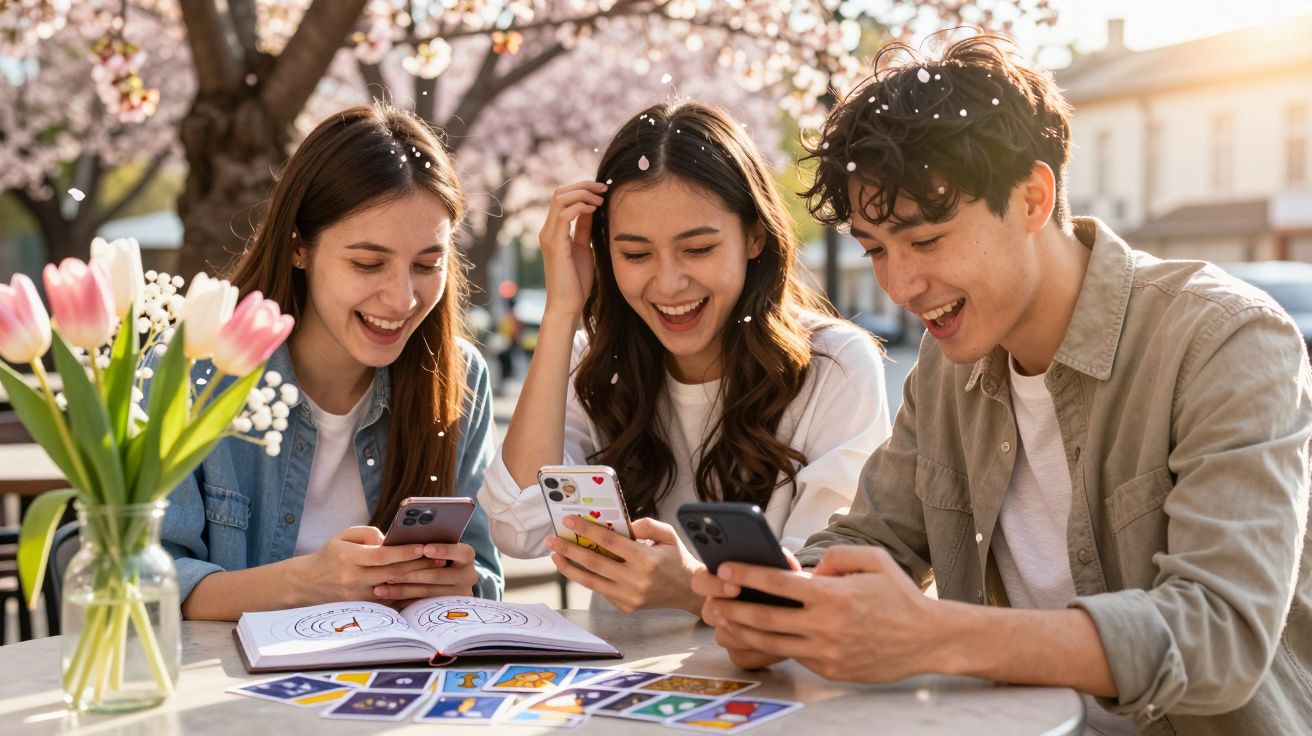 Jovens sentados ao ar livre sorrindo e olhando para celulares com flores sobre a mesa.