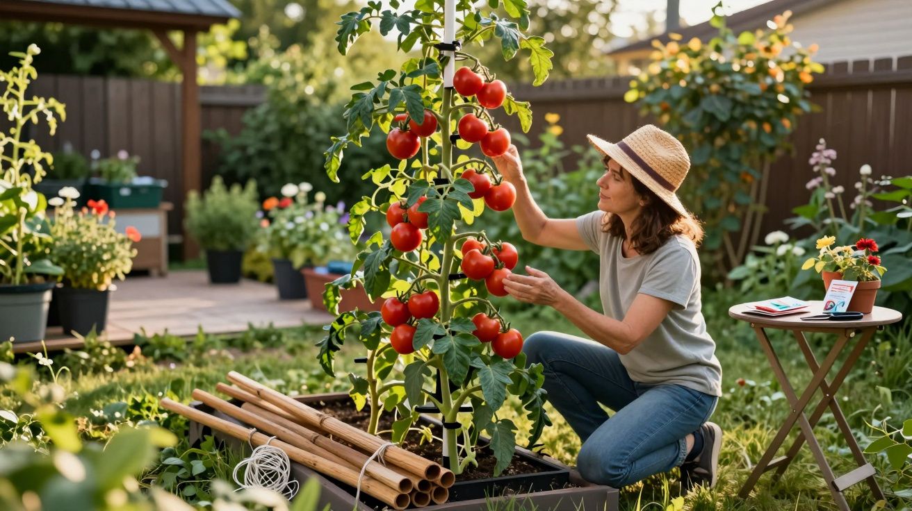 Mulher colhendo tomates maduros em um jardim caseiro ensolarado, usando chapéu e roupa casual.