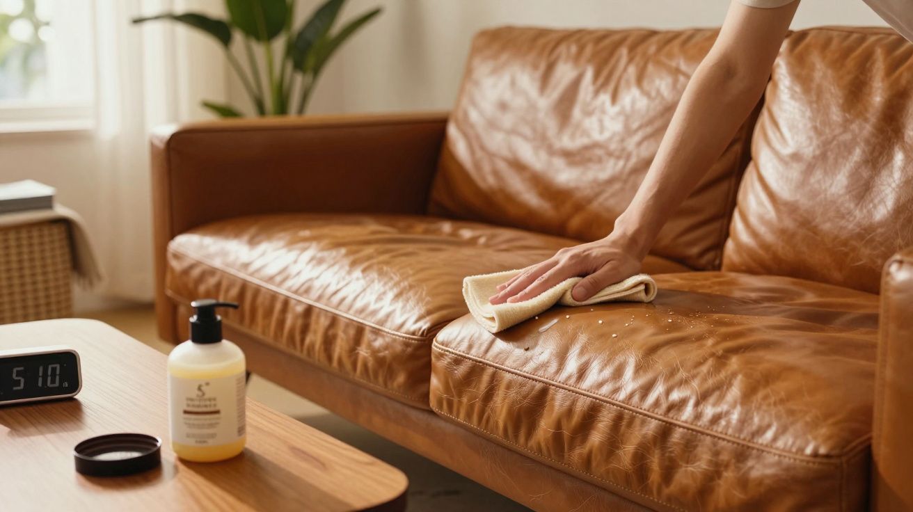 Pessoa limpando sofá de couro marrom com pano amarelo em sala iluminada pela janela.