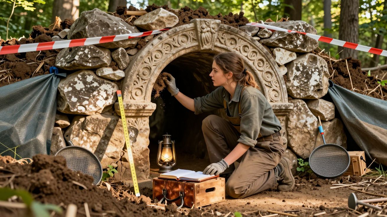 Arqueóloga examina entrada de tumba antiga durante escavação em área cercada por pedras e vegetação.