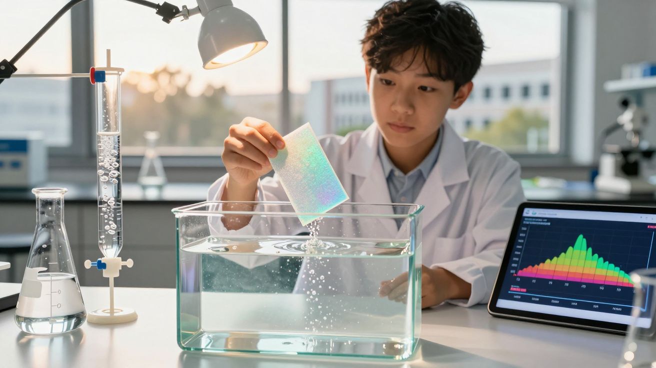 Criança em laboratório adiciona pó em tanque com água, ao lado de equipamentos e gráfico colorido no tablet.