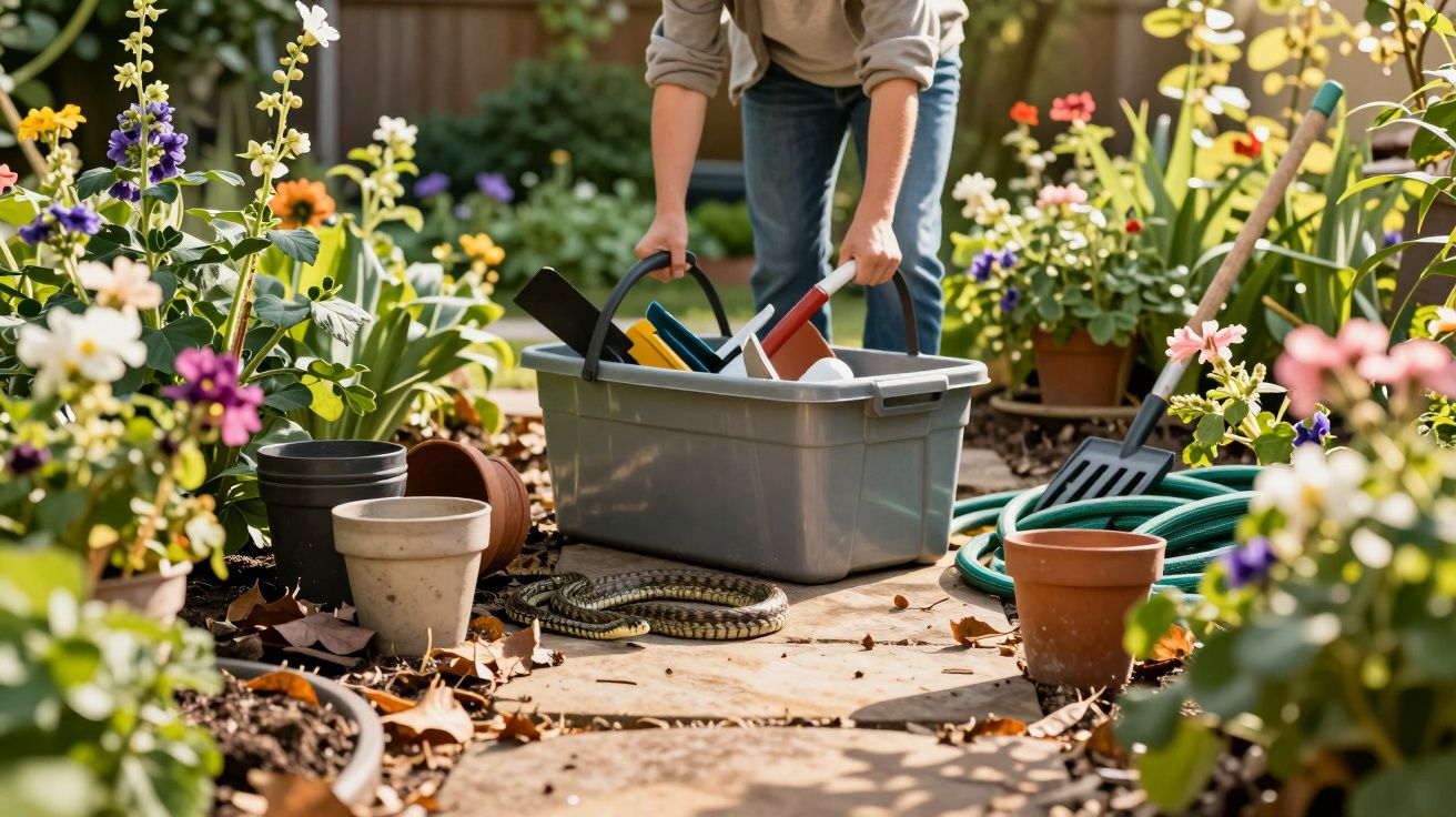 Pessoa preparando ferramentas de jardinagem enquanto uma cobra está na passagem entre vasos e flores.