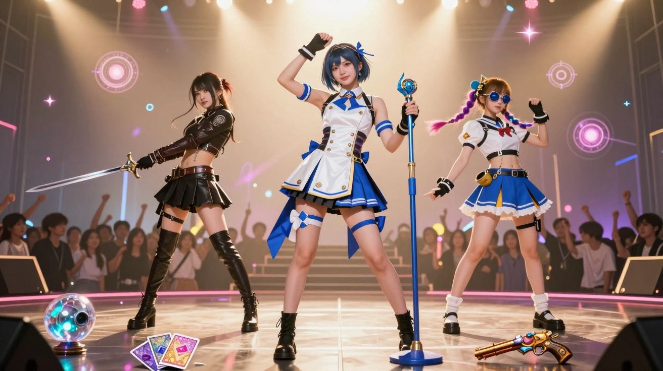 Três cosplayers em um palco com figurinos coloridos, segurando armas e microfone, com público ao fundo.