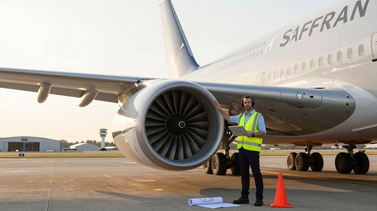 Homem com colete refletivo inspeciona motor de avião grande no aeroporto ao entardecer.