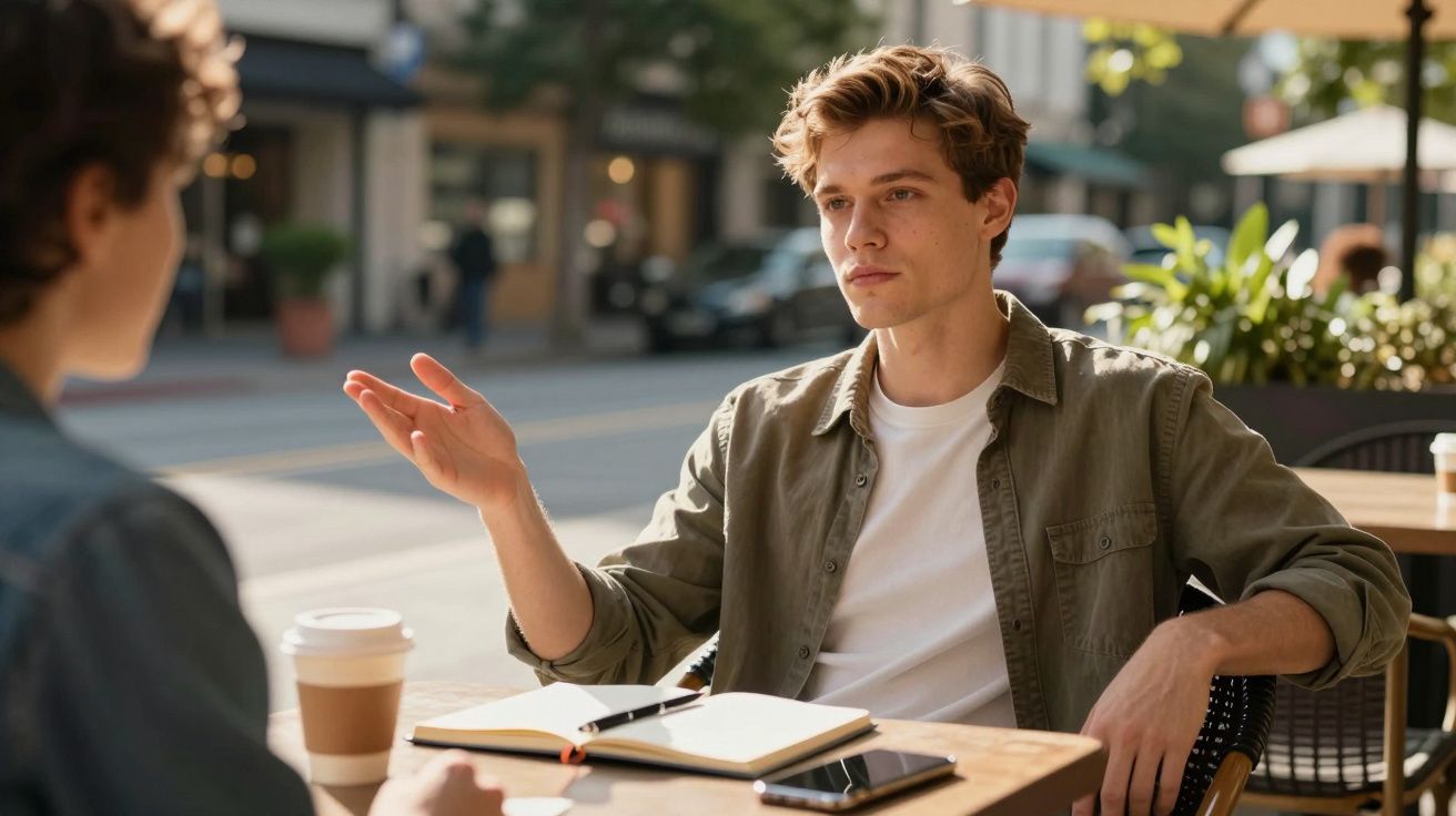 Homem conversando com outra pessoa em mesa de café ao ar livre com caderno e celular sobre a mesa.