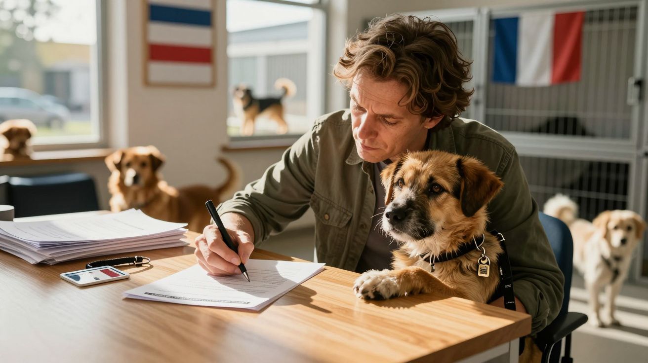 Homem escreve papel enquanto cachorro apoia patas na mesa em abrigo de cães.
