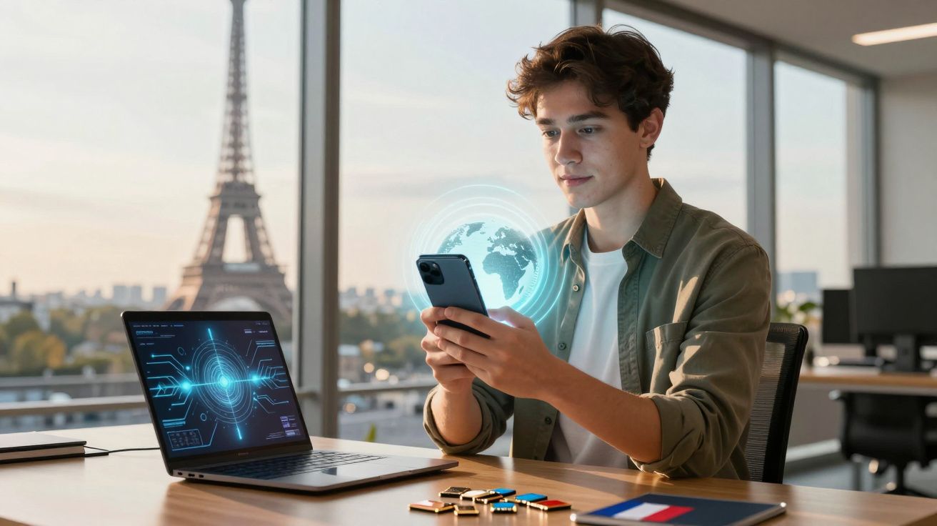Jovem usando smartphone com projeção holográfica de globo, laptop e Torre Eiffel ao fundo em escritório.