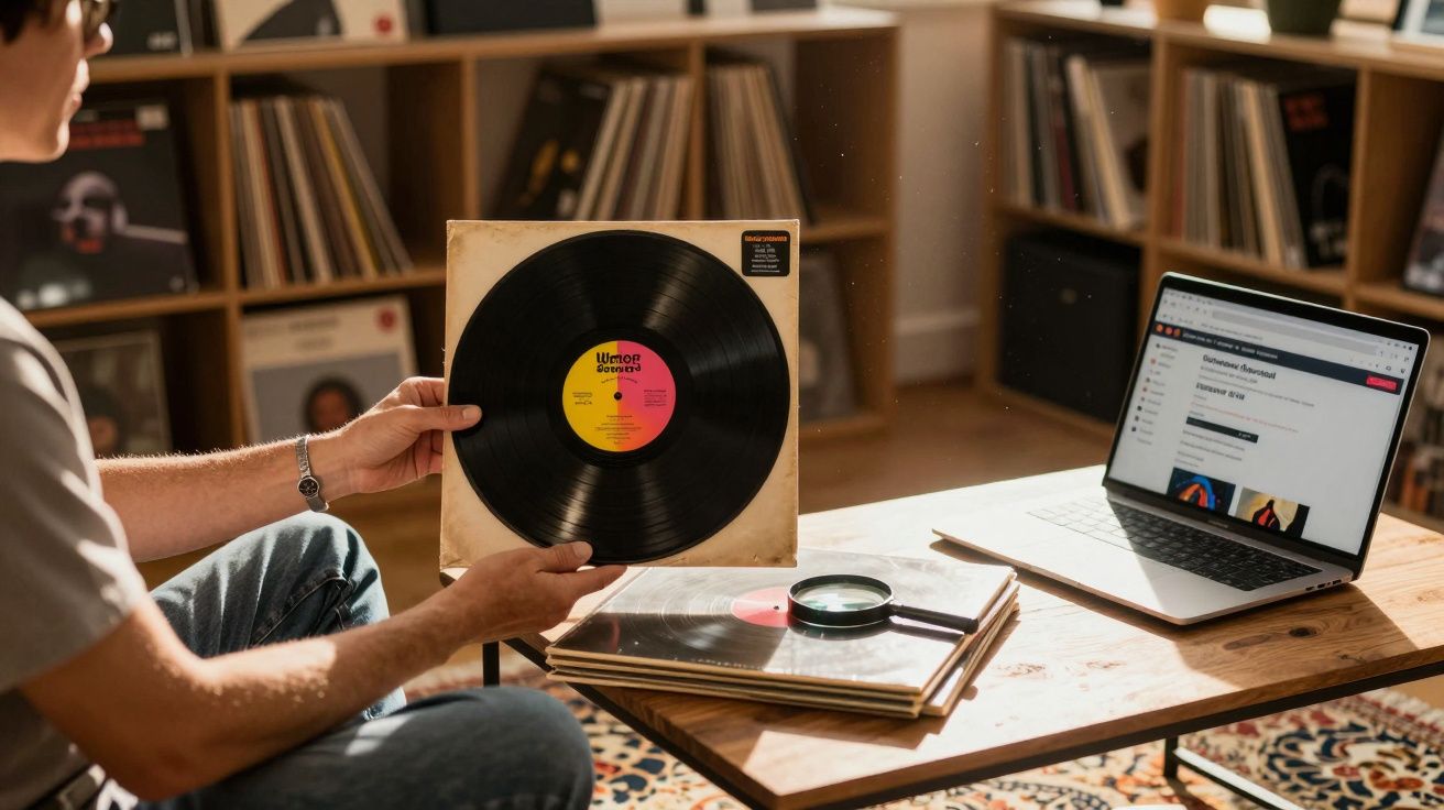 Pessoa segurando disco de vinil com laptop e pilha de discos em mesa de madeira em sala acolhedora.