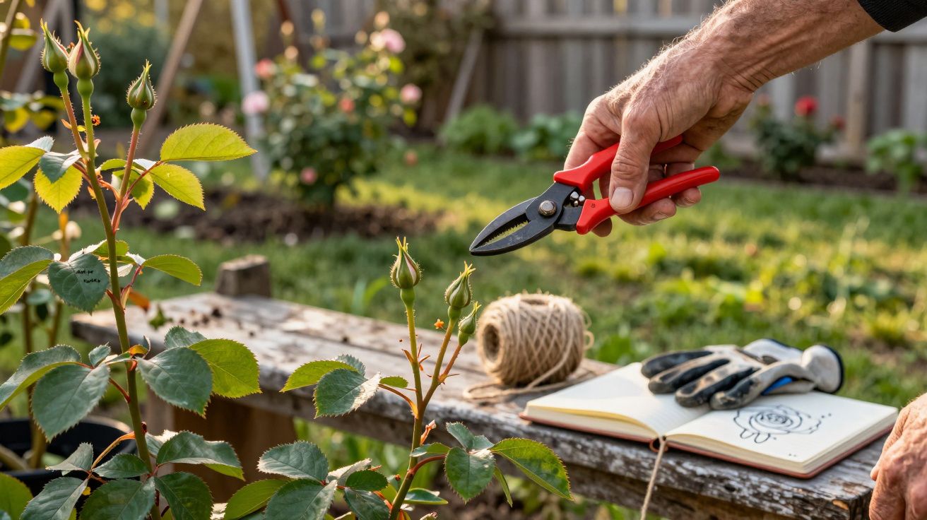 Pessoa podando botões de rosa com tesoura de jardinagem em área externa com luvas e caderno ao fundo.