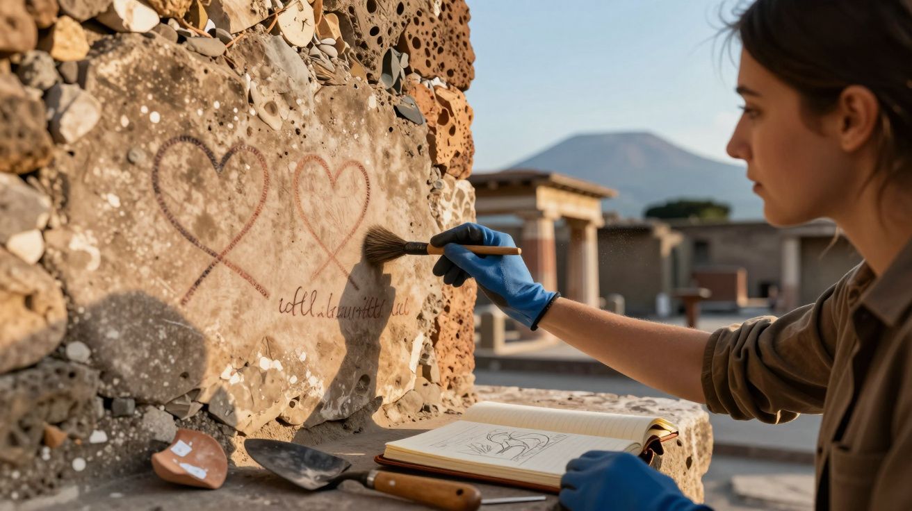 Conservadora restaurando pintura antiga de dois corações em parede de pedra com pincel e luvas azuis.
