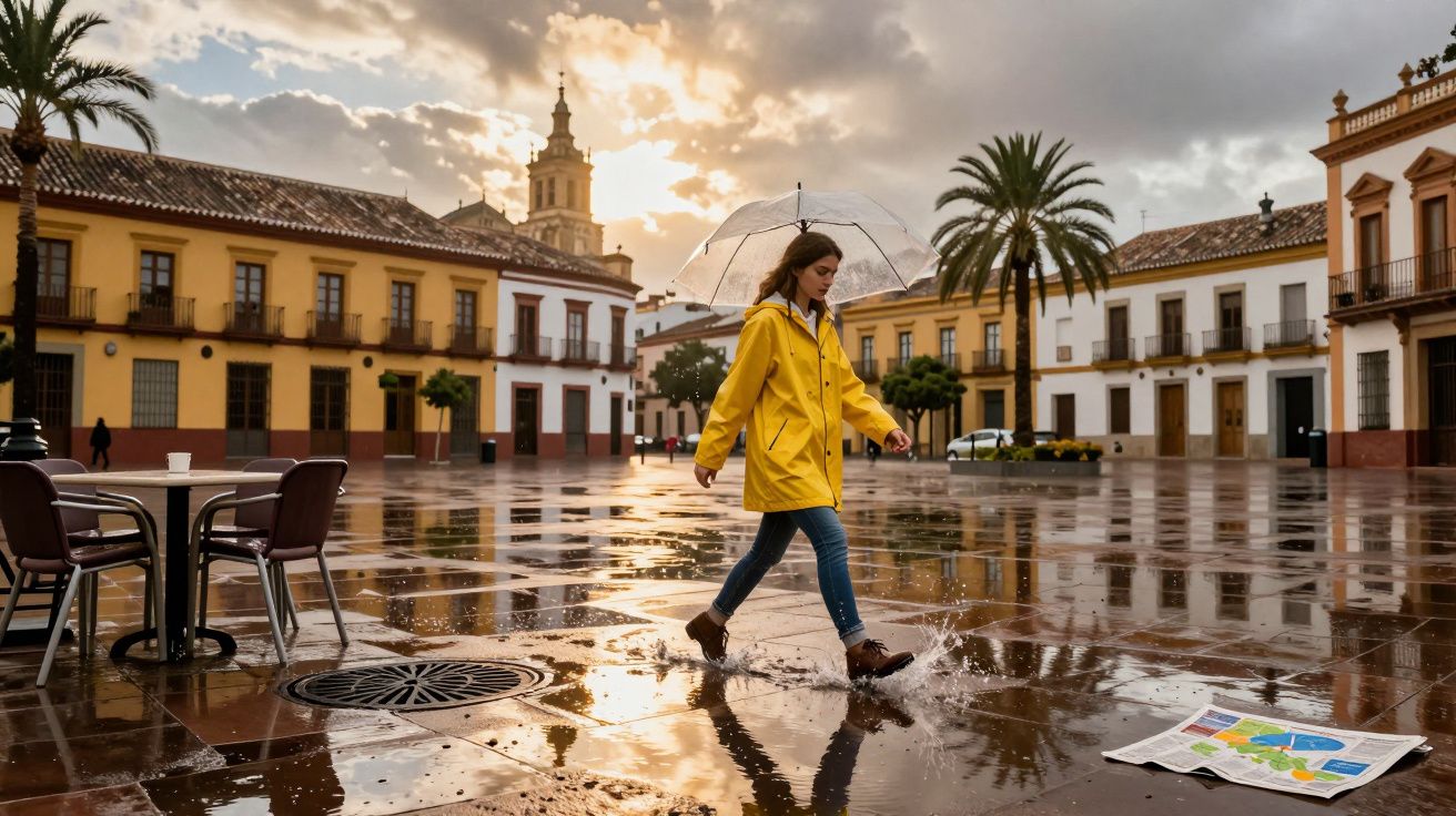 Mulher com capa amarela caminha com guarda-chuva transparente em praça molhada ao pôr do sol.
