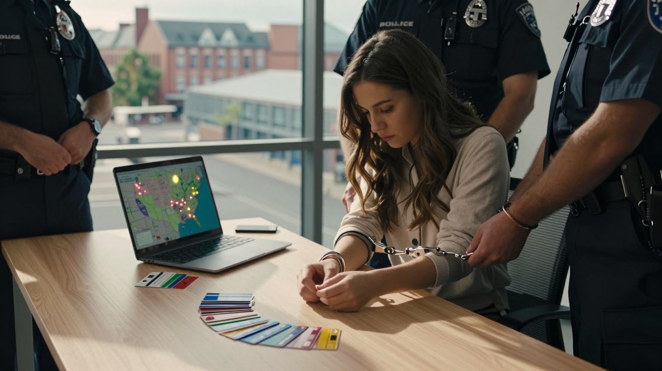 Mulher algemada sentada em mesa com cartão de crédito, sob vigilância de três policiais.