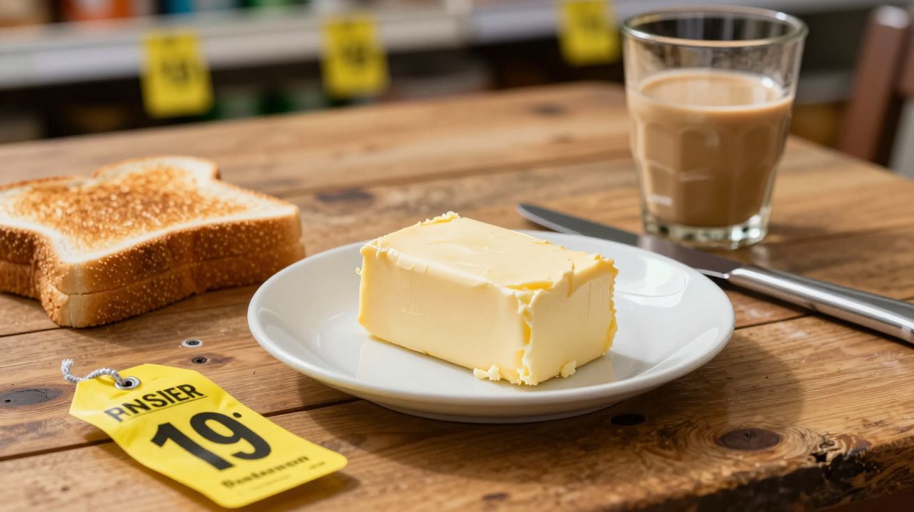 Mesa de madeira com manteiga em prato, fatias de pão, copo com bebida e marcador amarelo número 19.