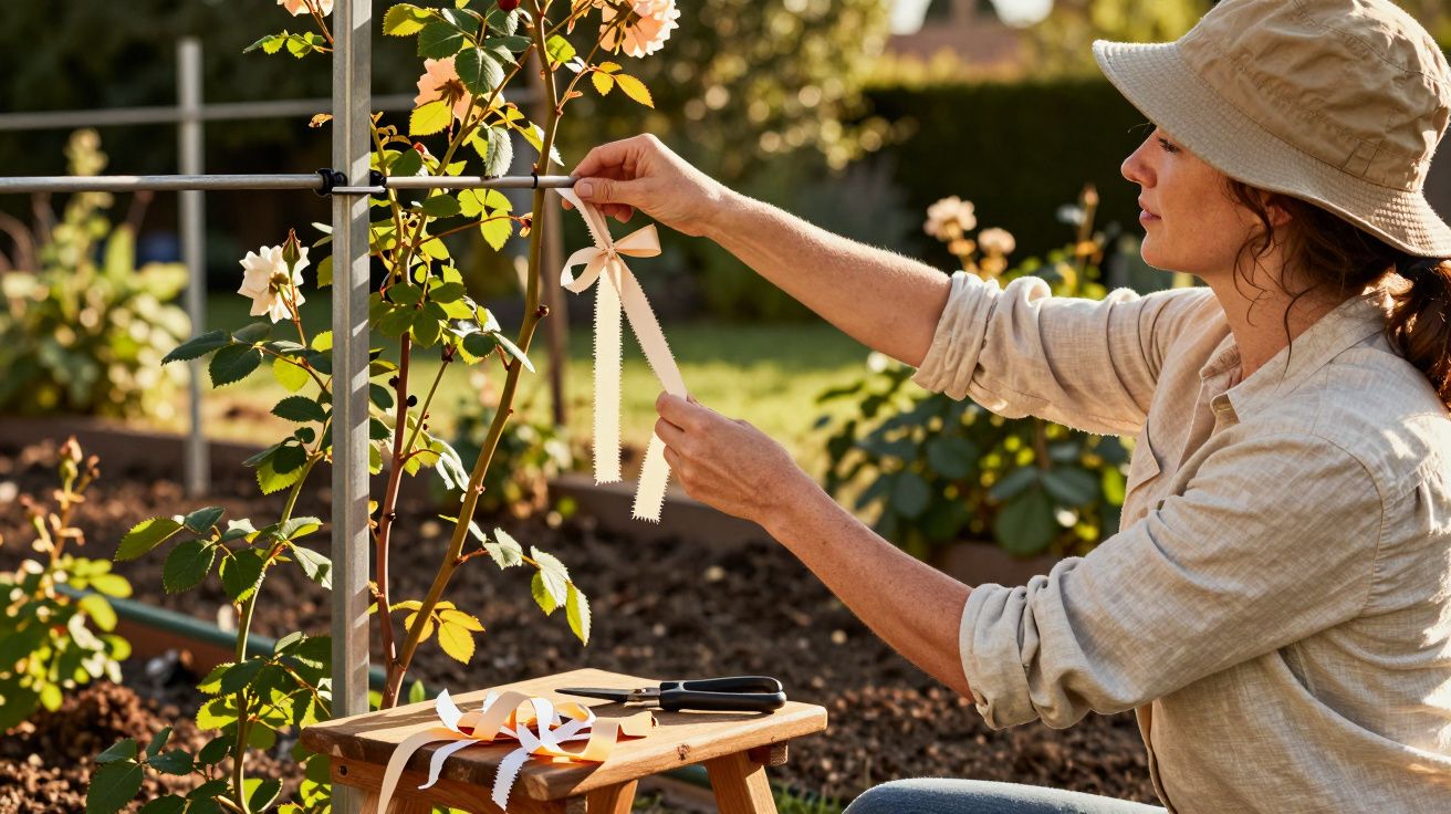 Mulher com chapéu laçando fita branca em planta de jardim ensolarado.