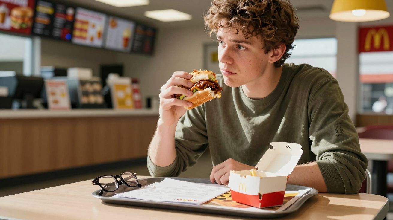 Jovem vestindo camiseta verde comendo hambúrguer sentado em mesa de restaurante McDonald's.