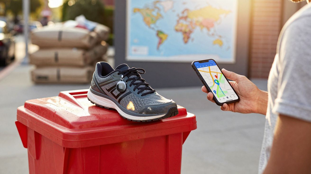 Tênis cinza com dispositivo preto sobre lixeira vermelha e pessoa segurando celular com mapa na tela.