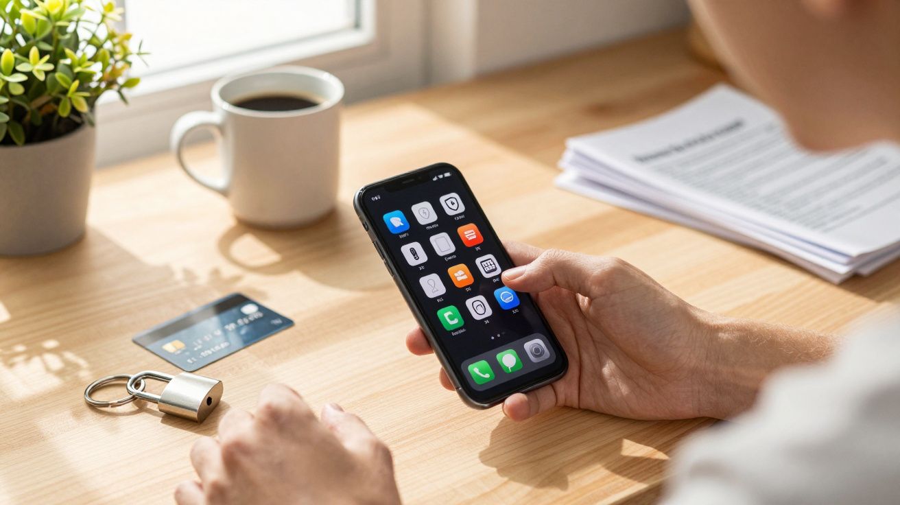 Pessoa segurando celular com apps na tela, cartão de crédito, cadeado e xícara de café sobre mesa de madeira.