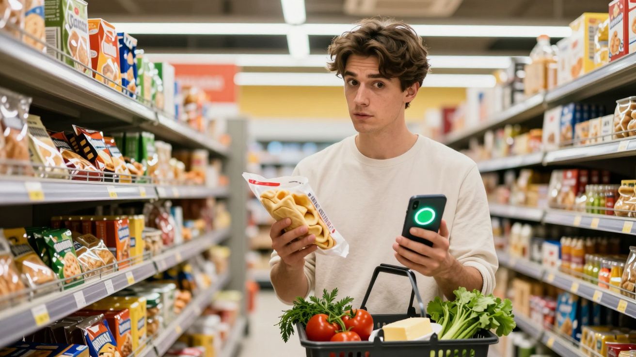 Jovem segurando pacote de massa e celular no corredor de supermercado, com cesta contendo tomates, queijo e verduras.