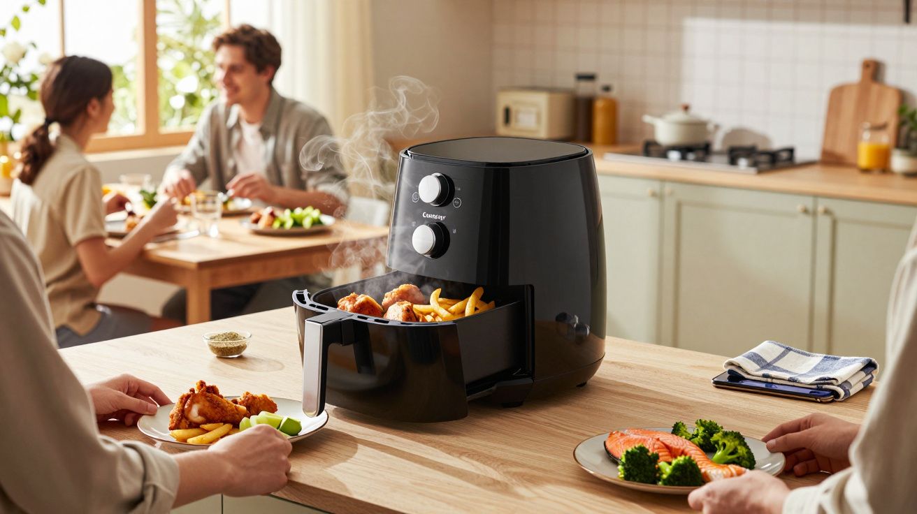 Fritadeira elétrica preta com comida saudável sendo servida em cozinha com quatro pessoas ao fundo.