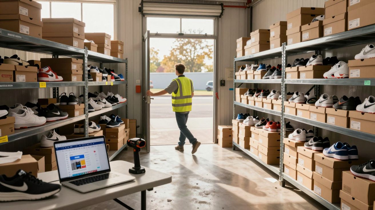 Armazém com prateleiras de tênis e caixas, pessoa de colete refletivo saindo pela porta aberta.