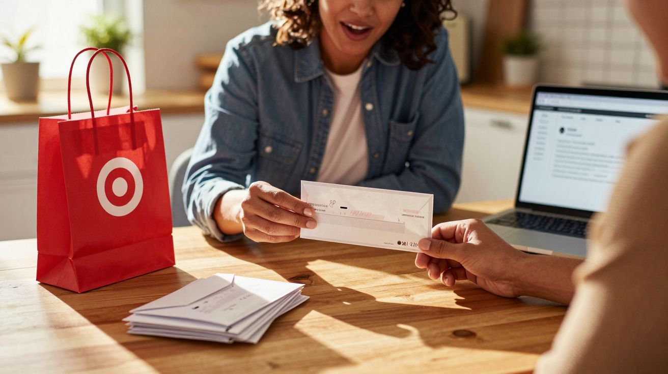 Pessoa entregando um cheque com sacola da Target e laptop sobre a mesa em ambiente iluminado.